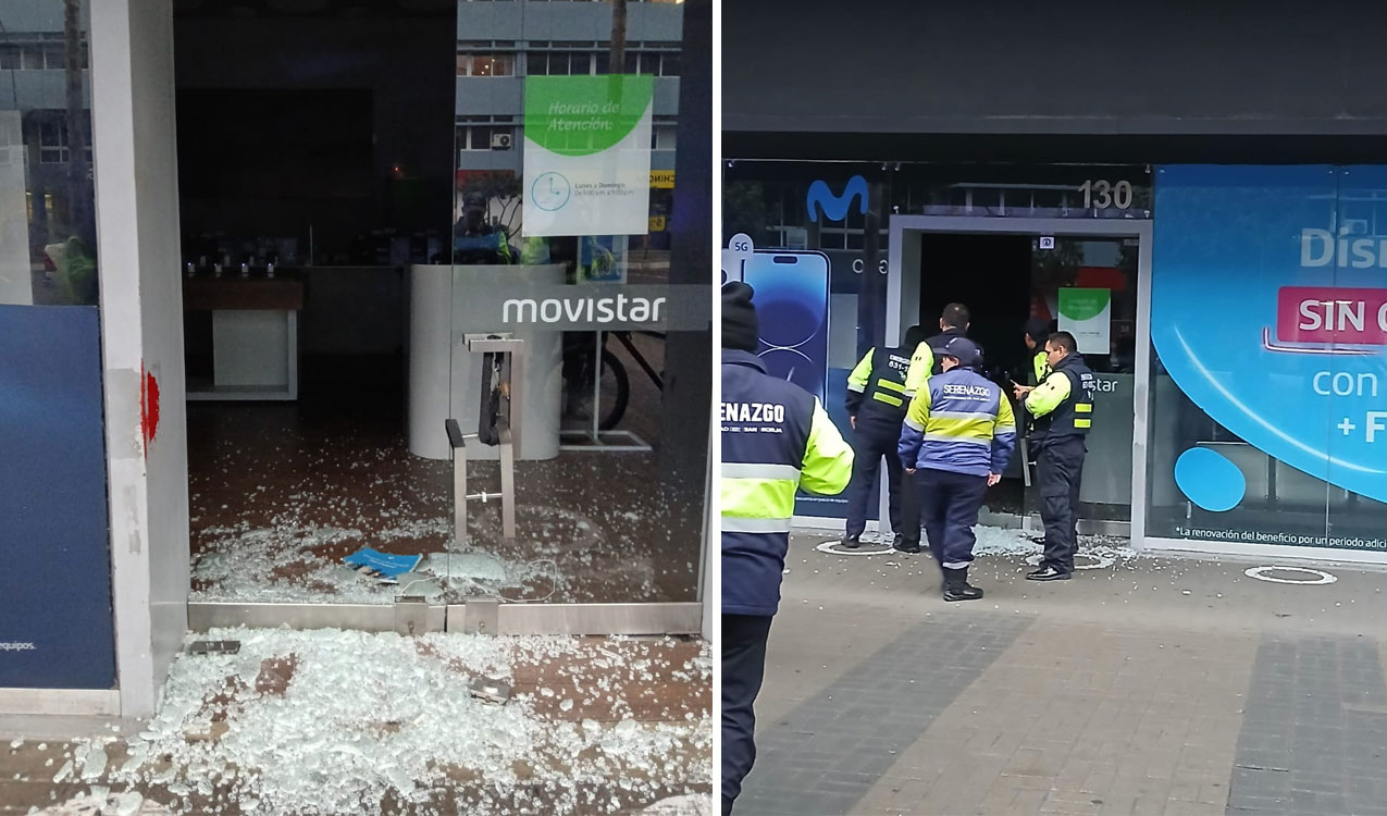 
                                 Asaltan tienda de Movistar en centro comercial La Rambla: rompieron vidrios de la entrada 
                            