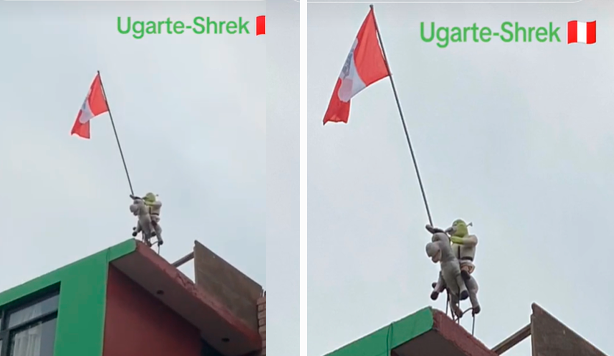 
                                 Peruano coloca bandera en su casa por Fiestas Patrias, pero reemplaza a Alfonso Ugarte por Shrek 
                            