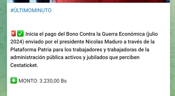 El primer pago del Bono de Guerra va destinado a los trabajadores públicos. Foto: Canal Patria Digital/Telegram