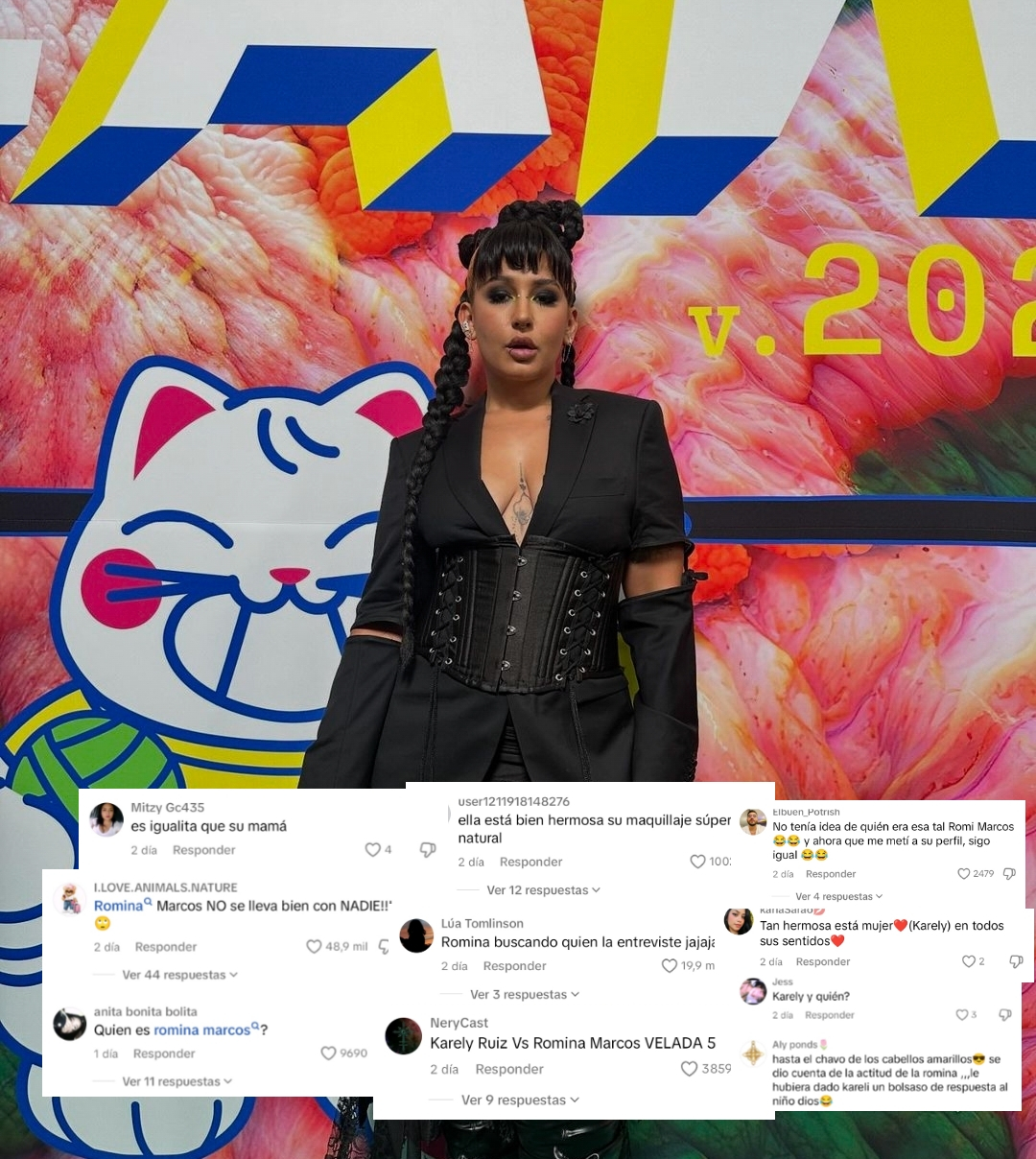 Romina Marcos genera controversia al empujar a Karely Ruiz en la alfombra verde de los MTV MIAW. Foto: Instagram rominamarcos/ composición LR