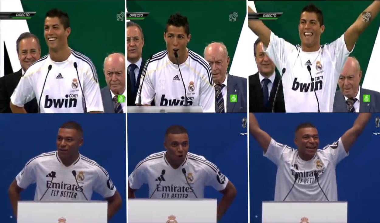 
                                 Kylian Mbappé emocionó al repetir el 'Hala Madrid' de Cristiano Ronaldo durante su presentación en el Bernabéu 
                            