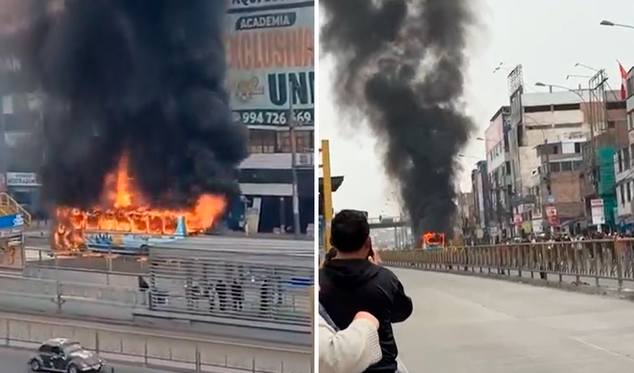 
                                 Bus de transporte público se incendió frente a la estación UNI del Metropolitano 
                            