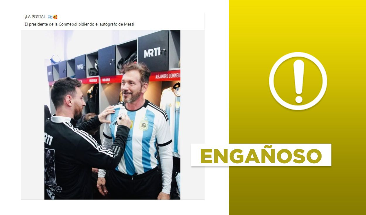 
                                 Foto no muestra a Lionel Messi firmando autógrafo para el presidente de la Conmebol en la final de la Copa América 
                            