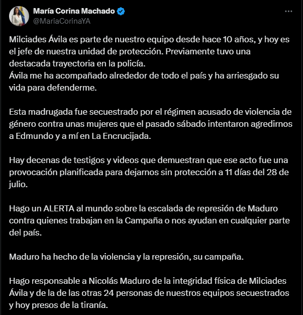 Comunicado de María Corina Machado sobre la detención de Milciades Ávila. Foto: captura de X (antes Twitter)