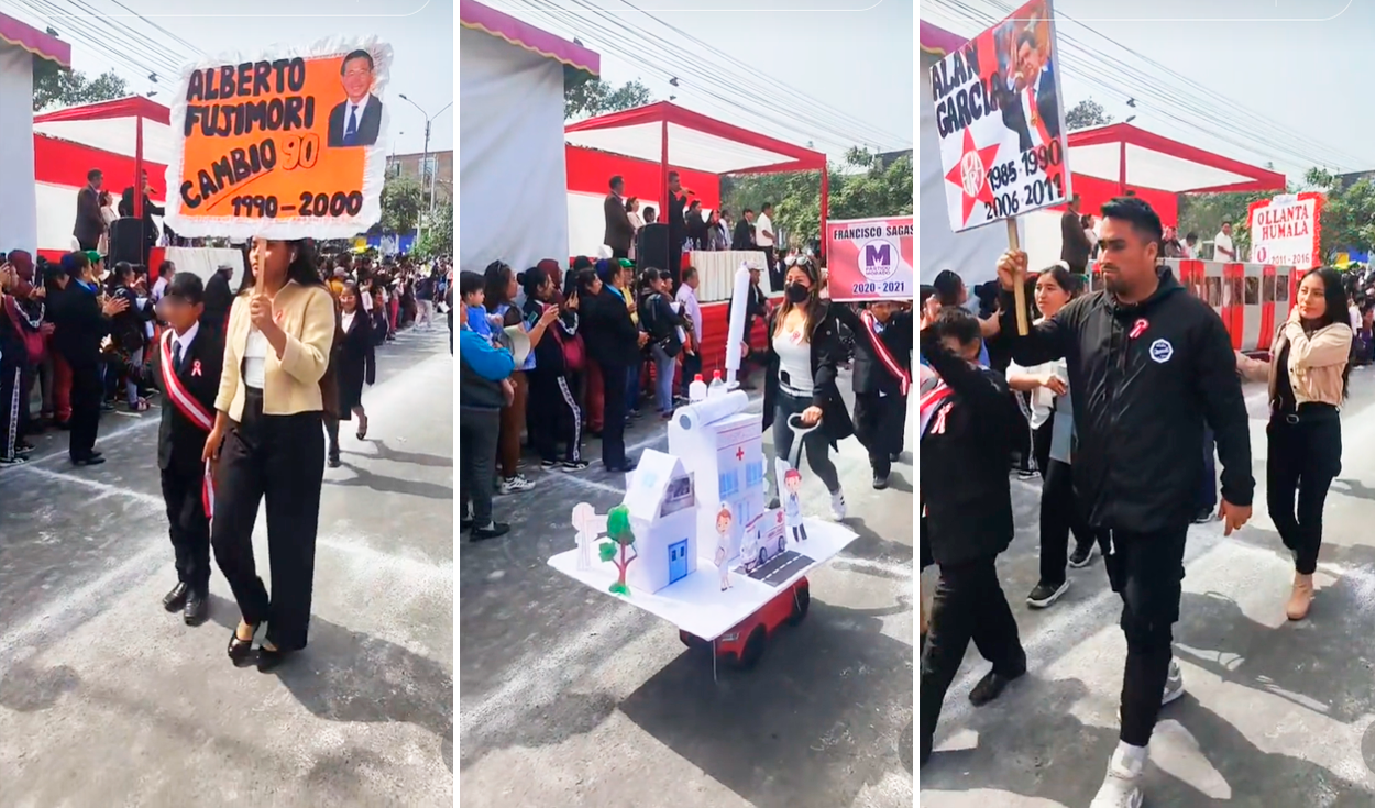 
                                 Escolares realizan desfile por Fiestas Patrias y sorprenden al disfrazarse de expresidentes de Perú 
                            