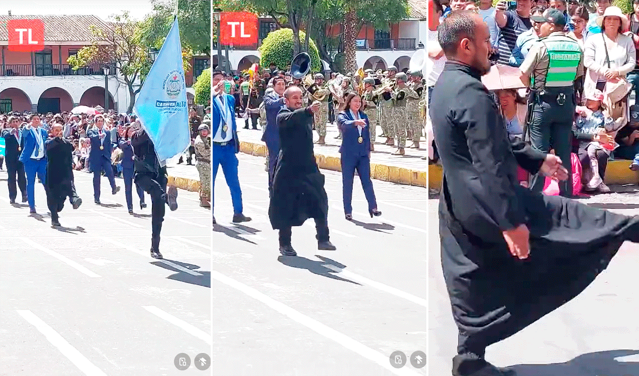 
                                 Sacerdote sorprende a pobladores en Huamanga al salir a marchar durante desfile por Fiestas Patrias 
                            