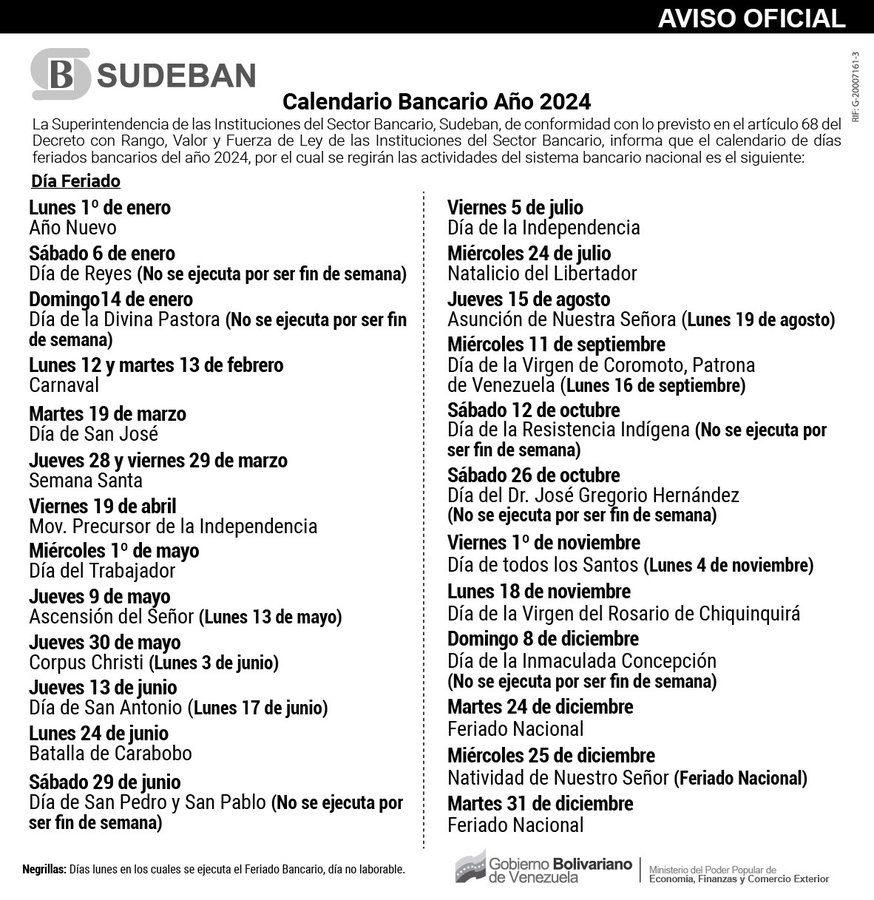 Este es el calendario oficial de feriados realizado por Sudeban. Foto: Sudeban