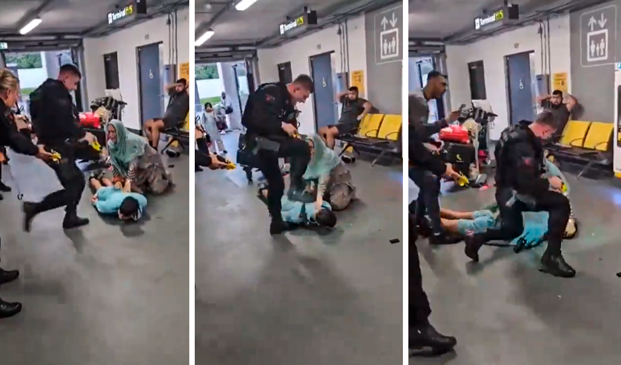 
                                 Policía es suspendido tras ser captado en VIDEO pateando la cabeza de joven en aeropuerto de Reino Unido 
                            