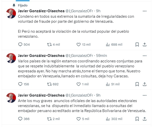 El canciller del Perú anunció que el embajador del Perú en Venezuela dejará el país. Foto: Javier González-Olaechea/ X