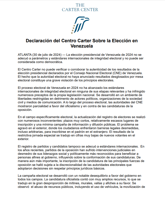 El Centro Carter se pronunció sobre las Elecciones en Venezuela 2024. Foto: Centro Carter