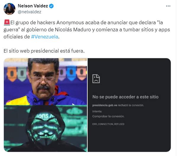 El colectivo de hackers derribó 45 cuentas del Gobierno de Venezuela. Foto: X/ Nelson Valdez