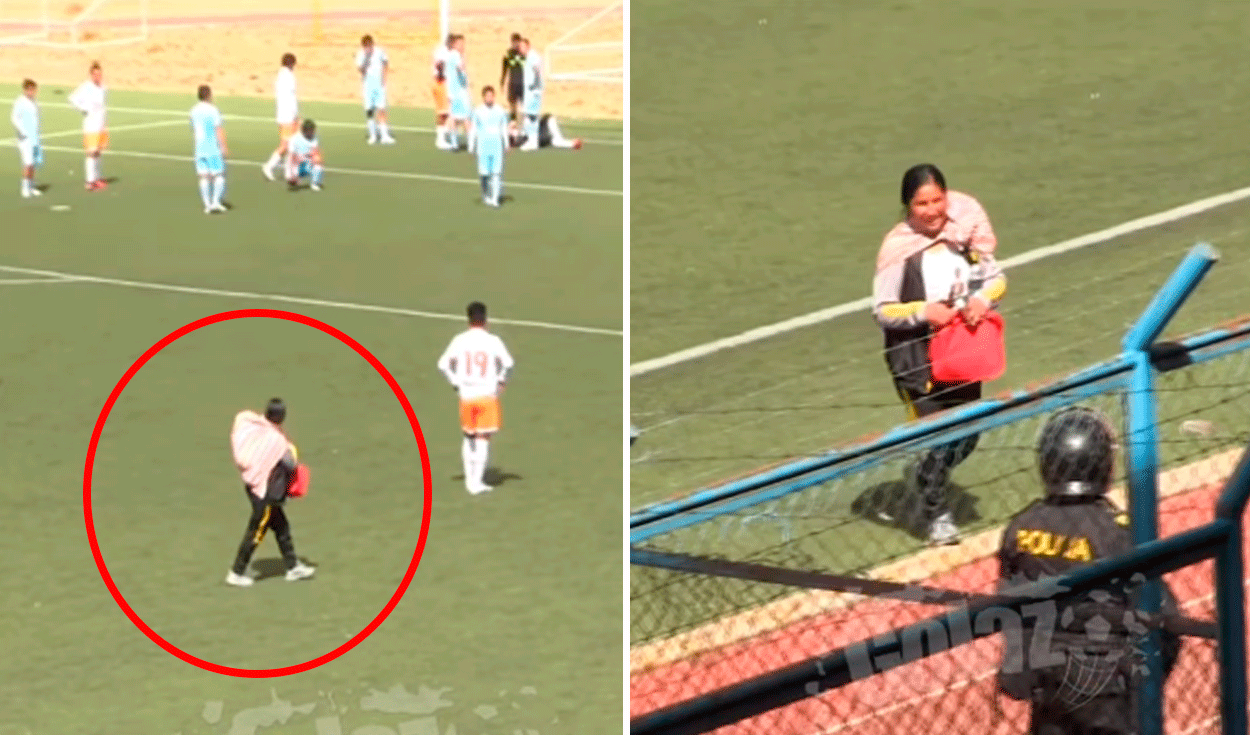 
                                 Madre corre con su bebé en la espalda para auxiliar a jugador lesionado en partido de fútbol en Cerro de Pasco 
                            