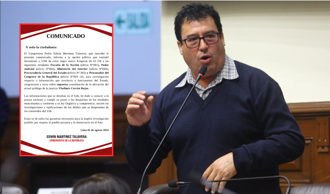 
                                 Edwin Martínez entregó USB con chats que involucrarían a congresistas y autoridades en blindaje a Vladimir Cerrón 
                            