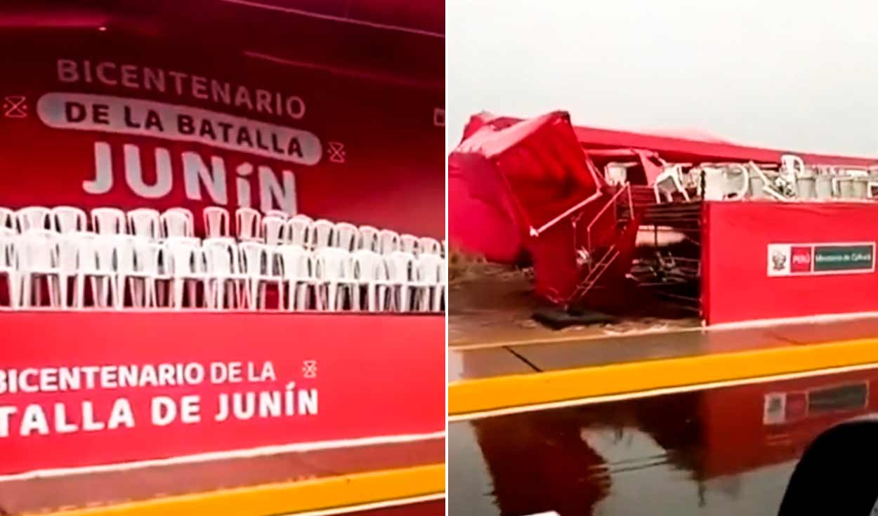 
                                 Aniversario de la Batalla de Junín: lluvia y granizo destruye estrado en donde se iba a presentar Dina Boluarte 
                            