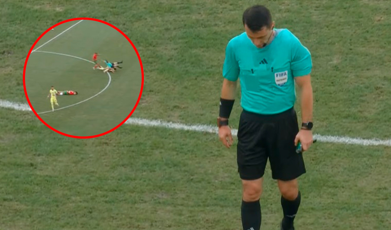 
                                 Árbitro de España vs. Marruecos sufrió insólita lesión: jugador lo 'atropelló' y tuvo que ser cambiado 
                            