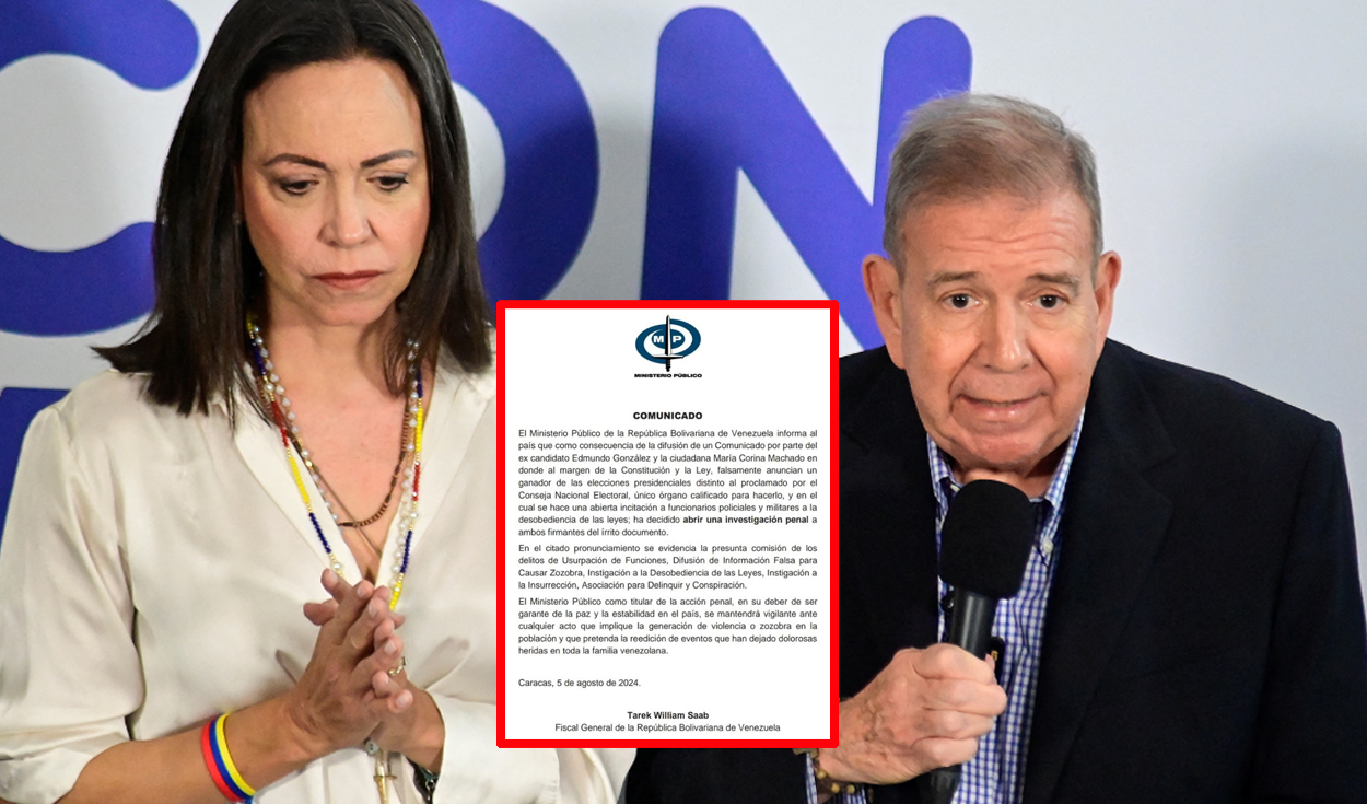 
                                 Ministerio Público de Venezuela abre investigación penal contra Edmundo González y María Corina Machado 
                            