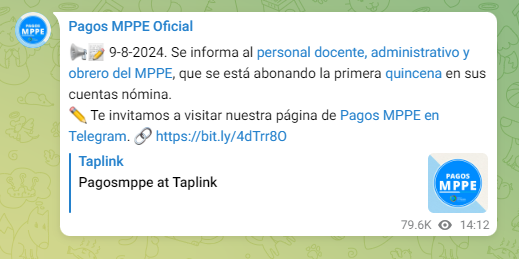 La primera quincena del Ministerio de Educación llegó el 10 de agosto. Foto: Pagos MPPE/Telegram