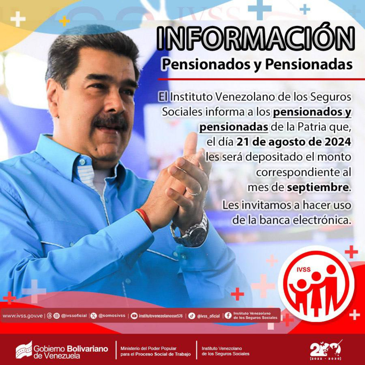 El pago de la pensión del IVSS correspondiente a septiembre llegó el 21 de agosto. Foto: IVSS