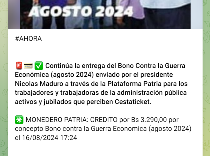 El mes pasado, el primer pago del Bono de Guerra llegó el 16 de agosto. Foto: Canal Patria Digital/ Telegram