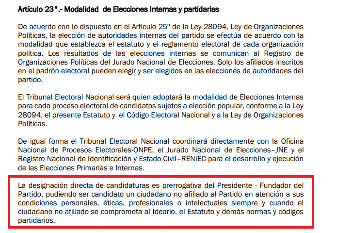 Podemos Peru proposes law that allows hand-picked designation of candidates for the presidency