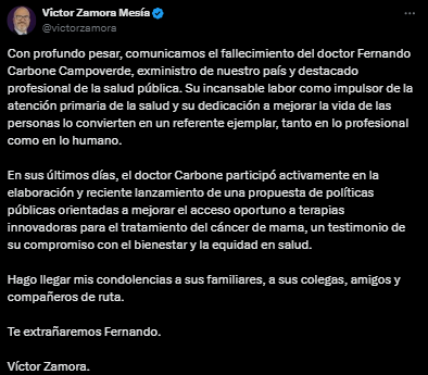 Fernando Carbone Campoverde, former Minister of Health, died at the age of 65 after a severe illness