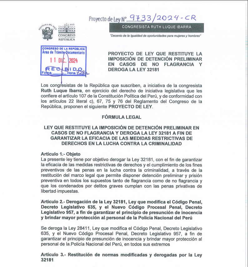 Congress: they propose a bill to restore preliminary detention eliminated by Dina Boluarte
