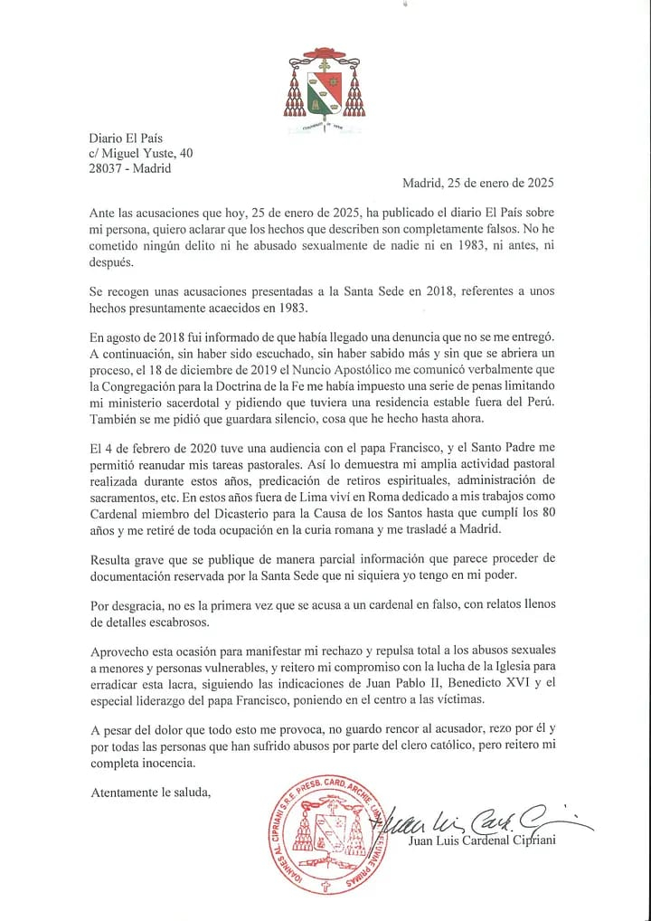 Juan Luis Cipriani publishes letter after denunciation of abuse and ensures that accusations are false: "I was not heard"