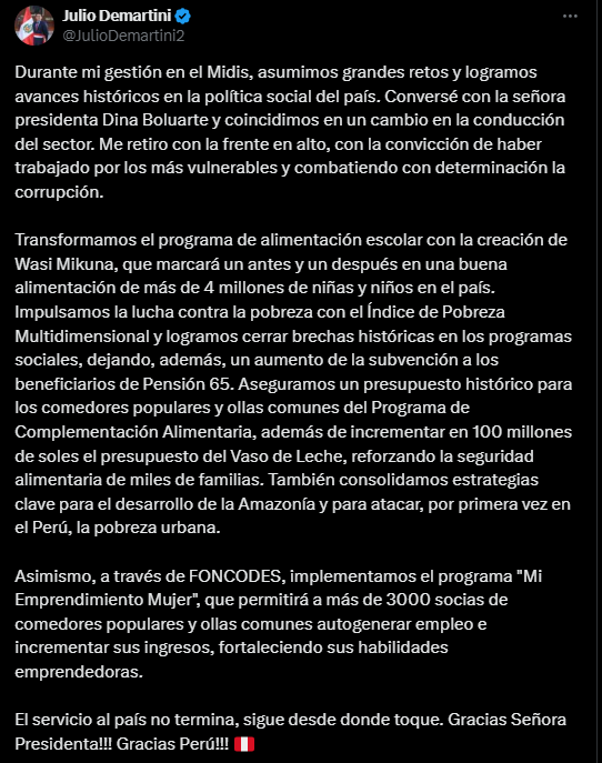 Julio Demartini renounces Midis in the midst of threats and corruption scandal in Qali Warma Julio Demartini renounces Midis in the midst of threats and corruption scandal in Qali Warma
