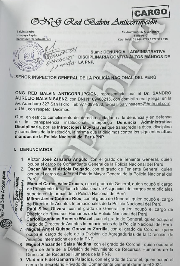 They denounce the General Commander of the PNP Victor Zanabria and 22 high controls for irregularities in police appointments