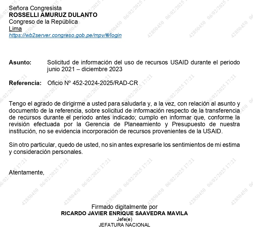 USAID: JNE and ONPE clarify Congressman Rosselli Amuruz who do not receive direct financing from this agency