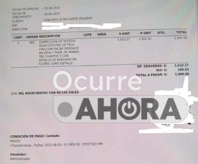 Dina Boluarte cocktail dress cost S/1,900, according to receipt found on your cell phone.