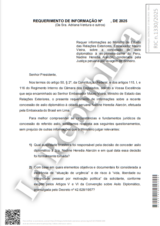 Chamber of Deputies of Brazil asks the Ambassador Mauro Vieira for the asylum granted to Nadine Heredia