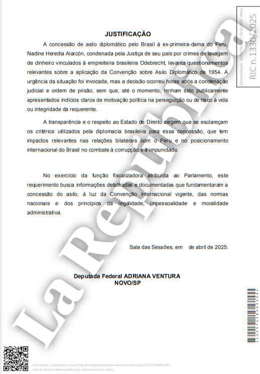 Chamber of Deputies of Brazil asks the Ambassador Mauro Vieira for the asylum granted to Nadine Heredia