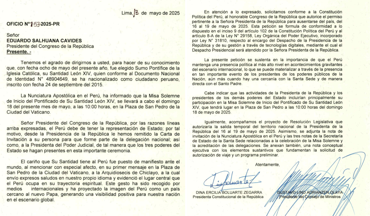 Solicitud de Dina Boluarte al Congreso para viajar del 16 al 19 de mayo al Vaticano.