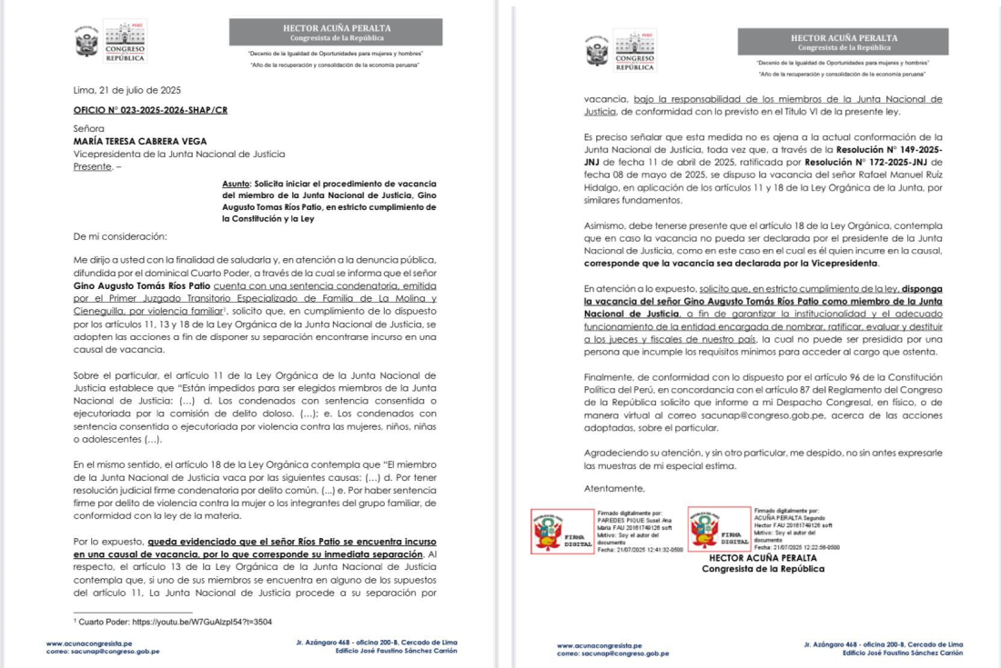 Prosecutor's Office intervenes the Ombudsman for irregular designation of Gino Ríos as a member of the JNJ