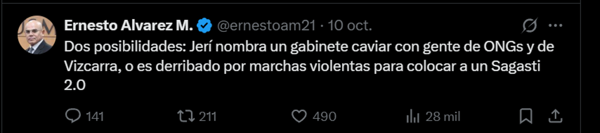 Ernesto Álvarez, José Jerí's prime minister, criminalized the march of Generation Z: "It is a subversive attempt"