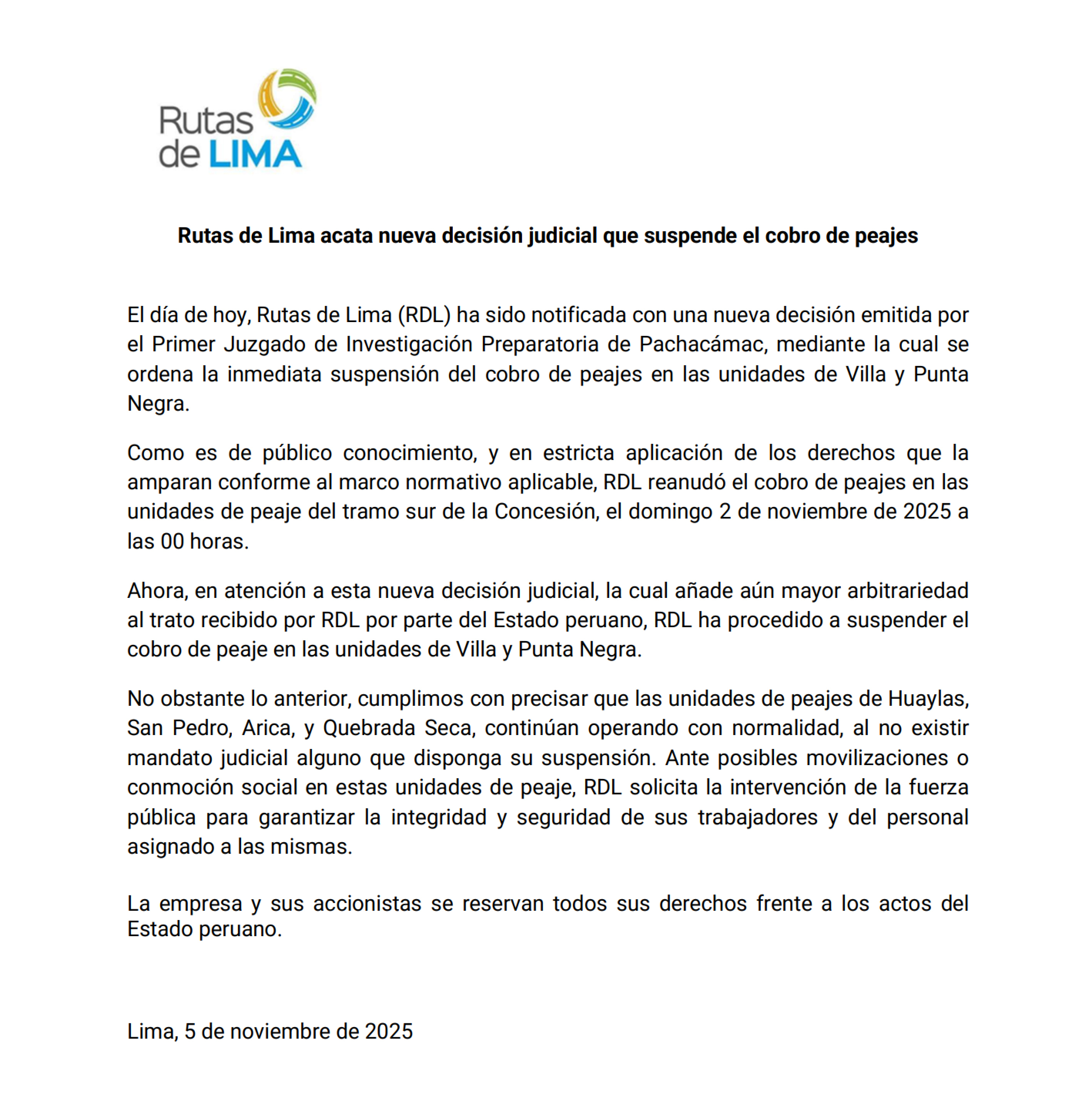 Judicial Power ratifies: Rutas de Lima must suspend toll collection in Villa and Punta Negra