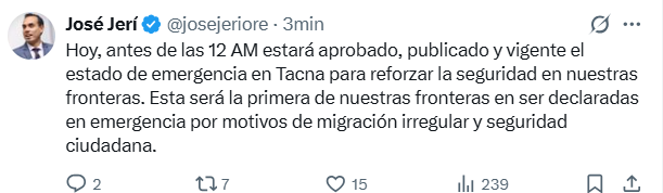 José Jerí declares the Peru - Chile border in a state of emergency to reinforce immigration control