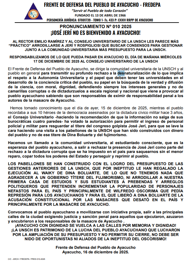 Population of Ayacucho announces protests against José Jerí this Thursday the 17th: "You are not welcome"