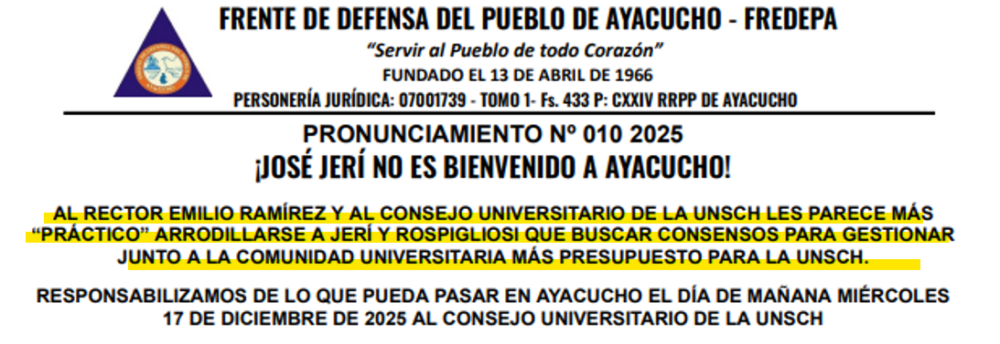 Population of Ayacucho announces protests against José Jerí this Thursday the 17th: "You are not welcome"