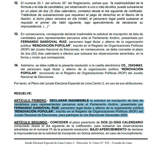 JEE declares inadmissible list of Popular Renewal candidates to the Chamber of Deputies and Andean Parliament
