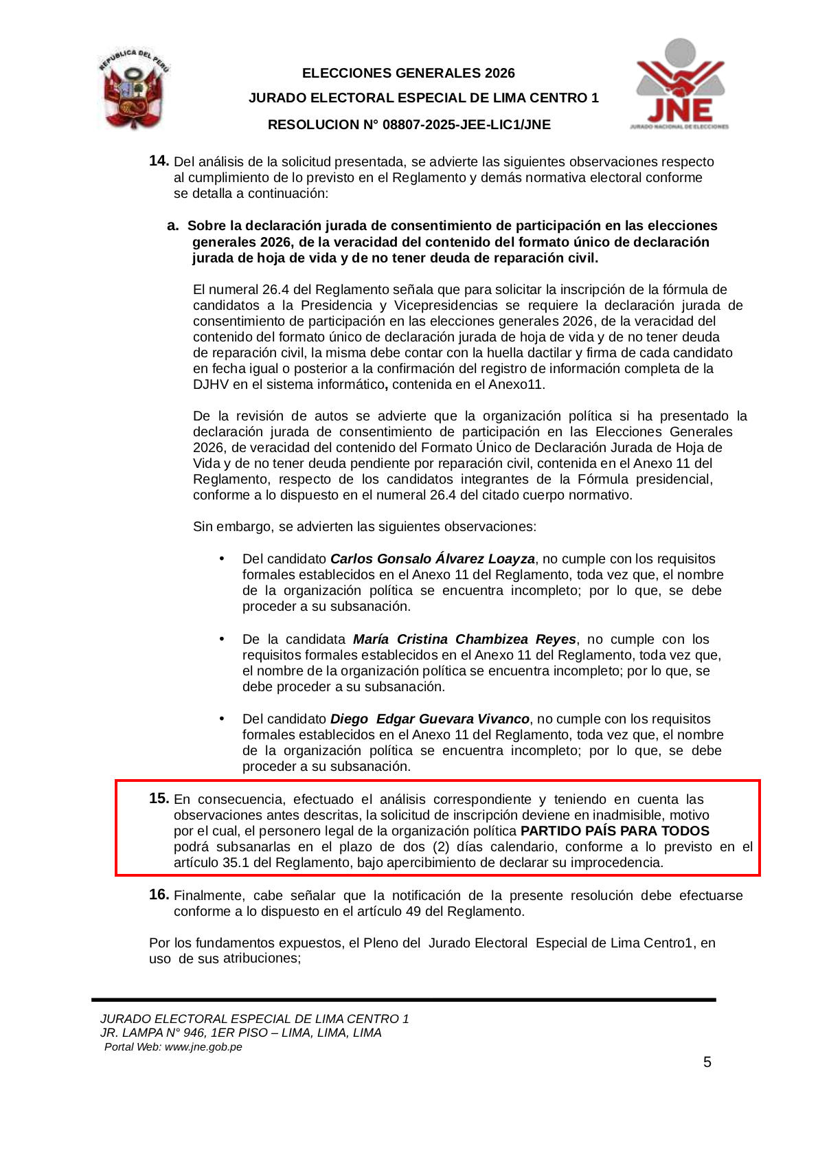 JEE declares presidential plates of Vladimir Cerrón and Carlos Álvarez inadmissible