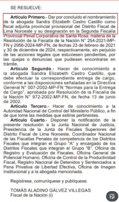JEE declares inadmissible candidacy of former prosecutor Sandra Castro for not resigning within the established period JEE declares inadmissible candidacy of former prosecutor Sandra Castro for not resigning within the established period