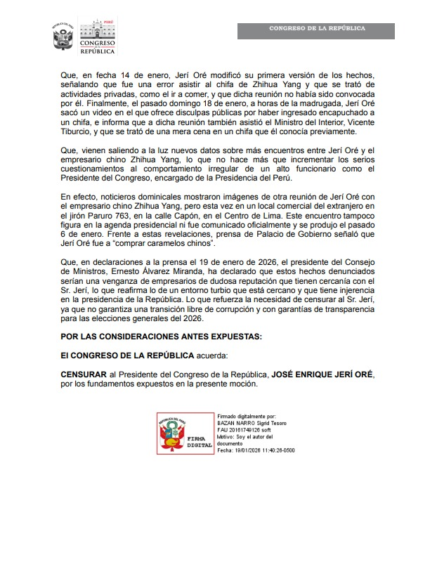 Vacancy motion against José Jerí for meeting with Chinese businessman already has 14 signatures