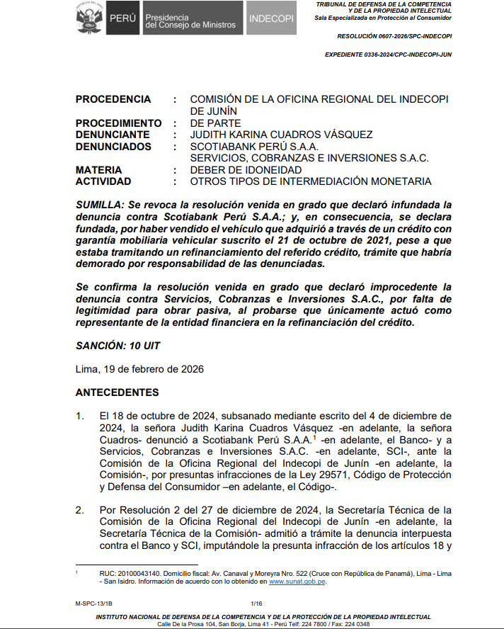 La resolución de Indecopi tras emitir la sanción contra Scotiabank. Foto: Indecopi