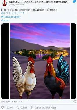 Autor de 'Rooster Fighter' compartió en 2021 una ilustración de su gallo, Keiji, junto al Caballero Carmelo en el oasis de La Huachina. Foto: X