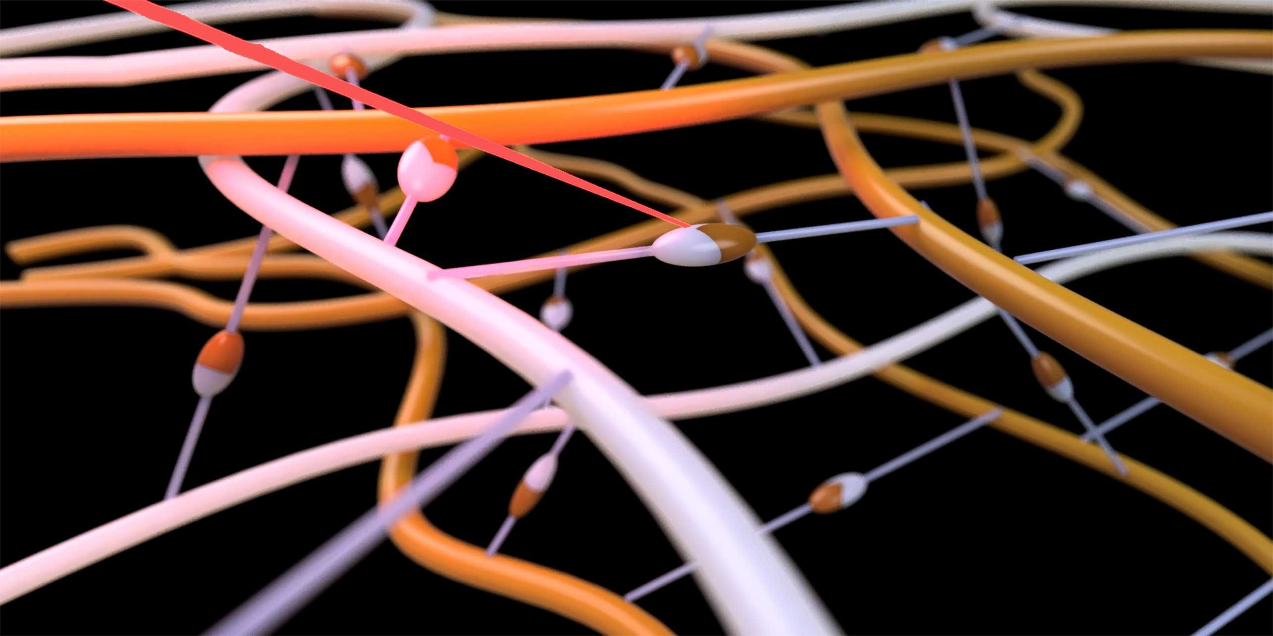 El láser rojo activa la molécula reticulante blanquecina para unir las cadenas de polímero naranja circundantes. Foto: XH Qin / ETH Zurich