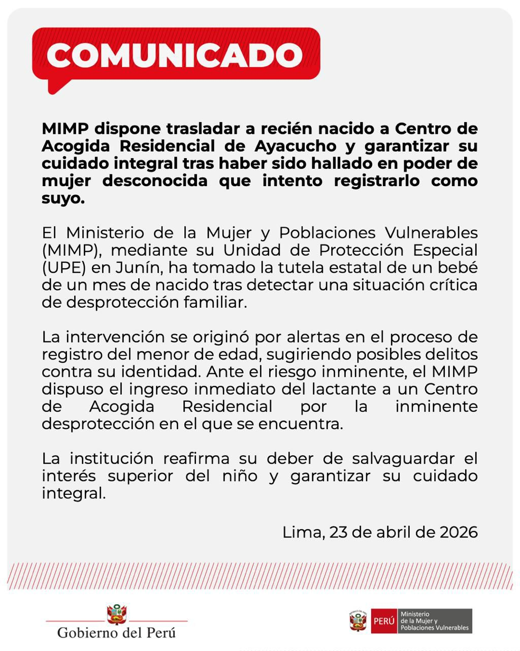 Comunicado del Ministerio de la Mujer