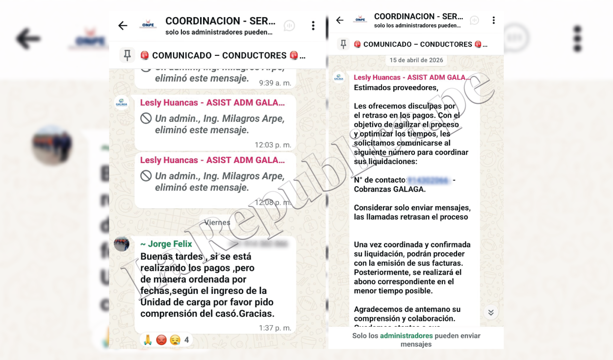 Capturas de comunicaciones internas entre administradores y transportistas de Gálaga, en las que la empresa informa sobre retrasos en los pagos y organiza su ineficaz canal de cobranza.