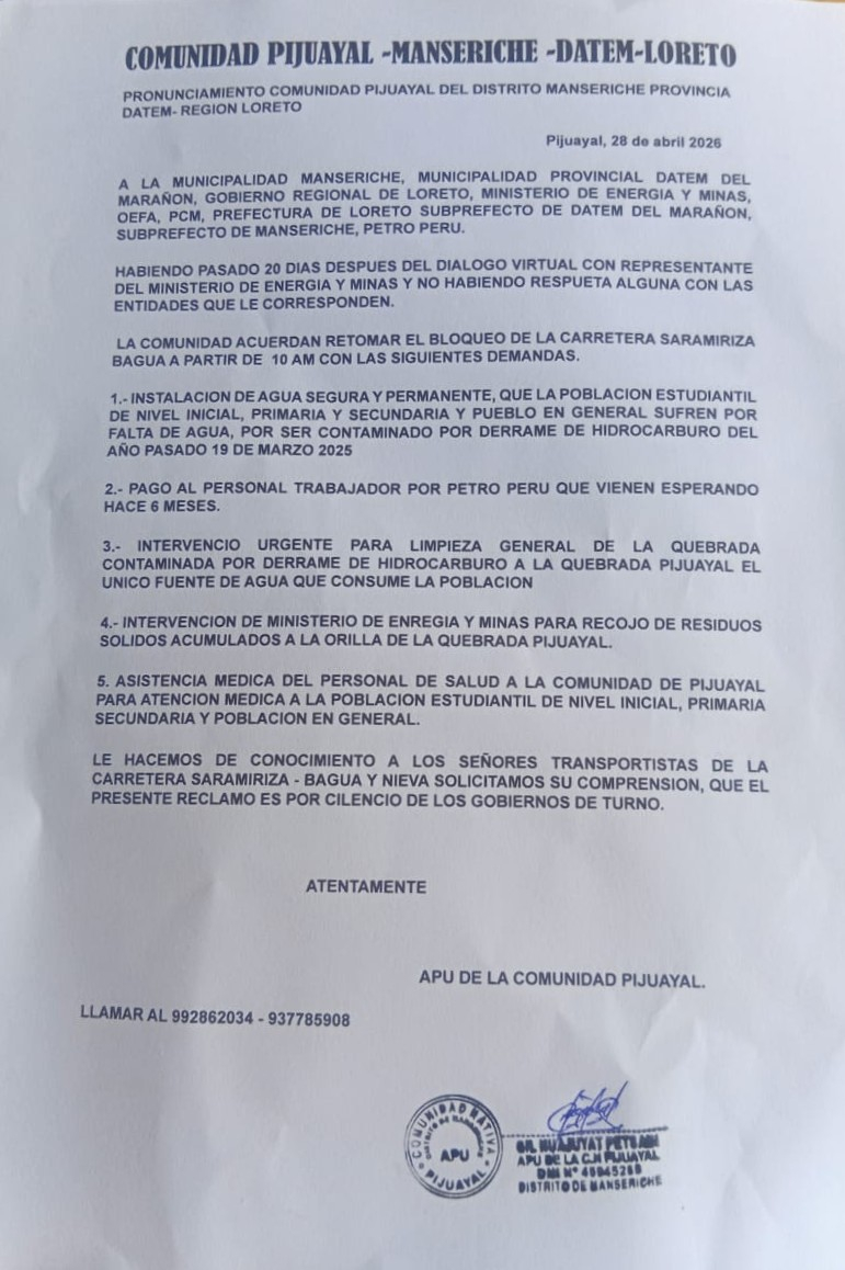 Comunidad de Pijuayal anuncia bloqueo y exige agua segura, atención médica y limpieza tras derrame.